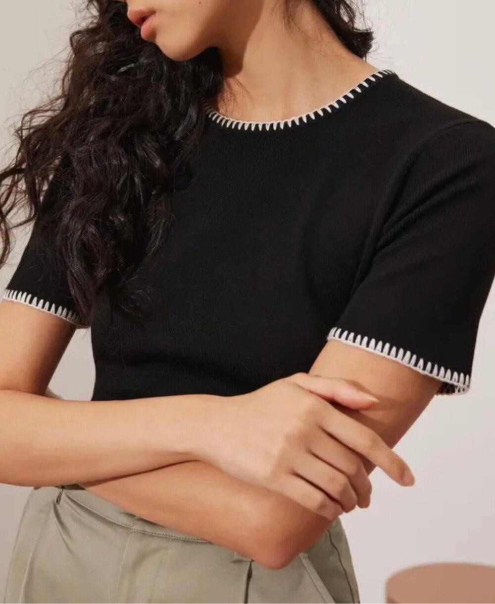 Love Bonito Knit Fitted Contrast Stitch Tee in Black Size 2